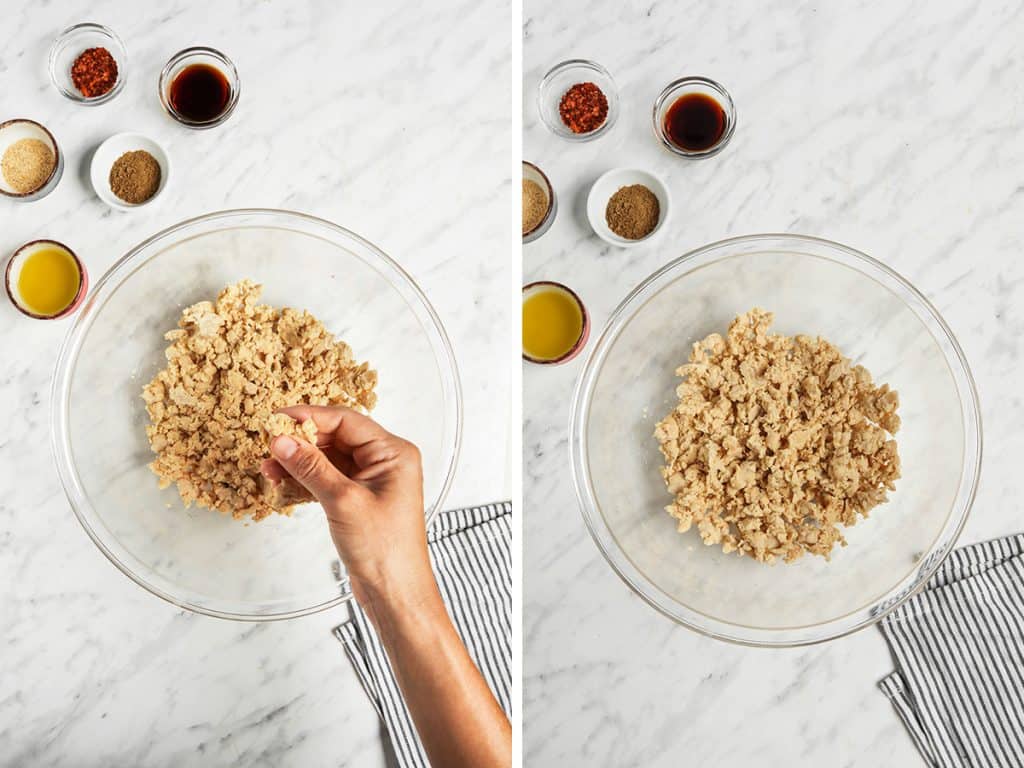 tempeh being crumbled in bowl with hands