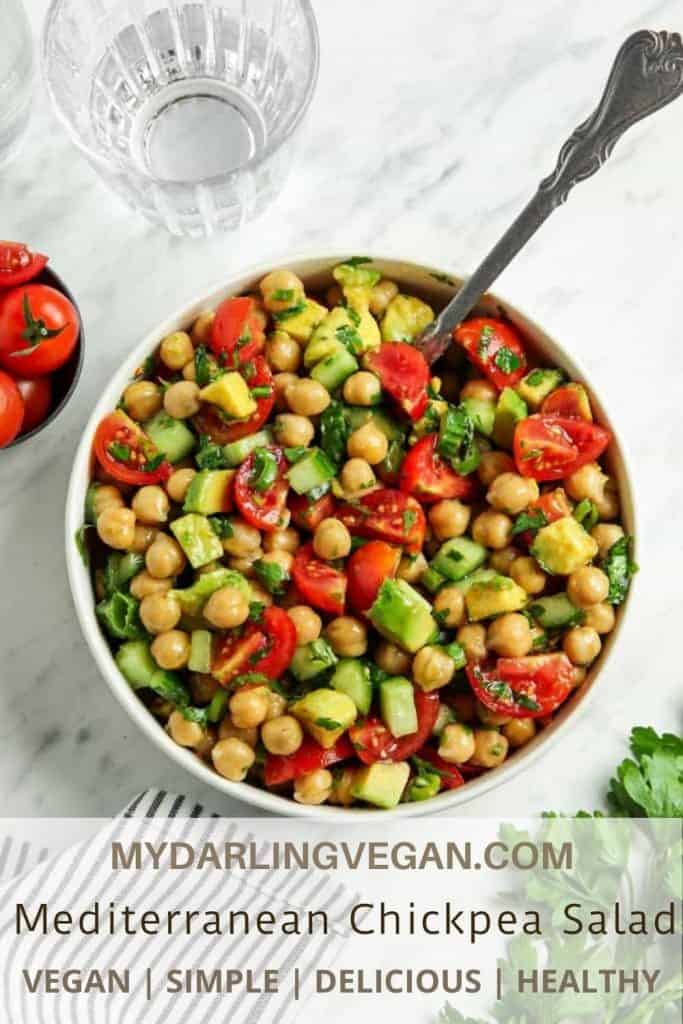 Top view of chickpea salad with spoon