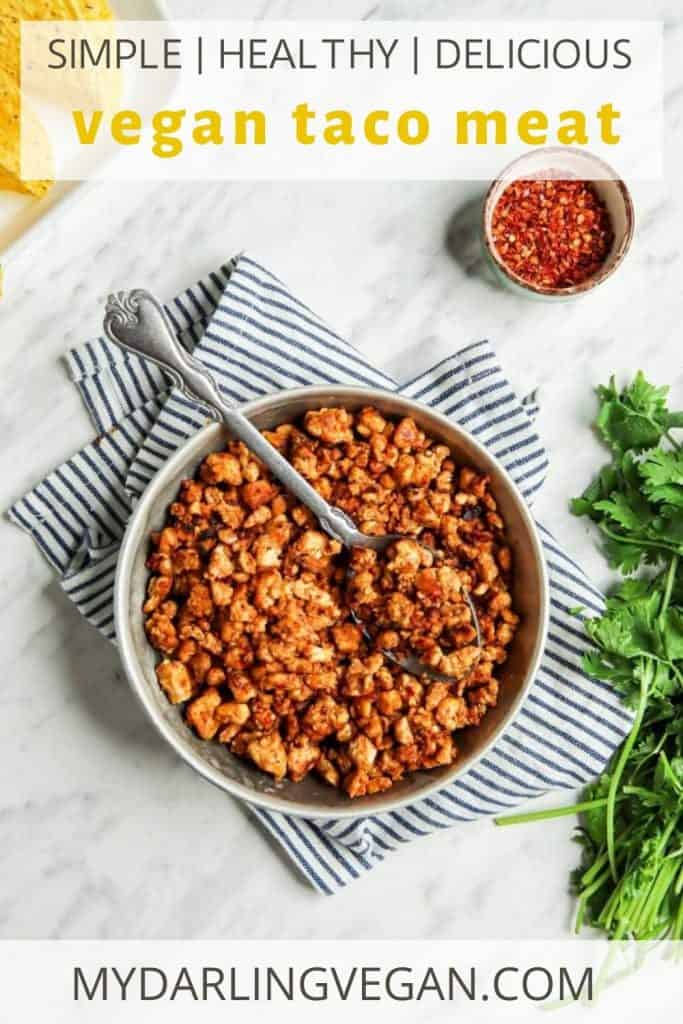 vegan taco meat in bowl with spoon