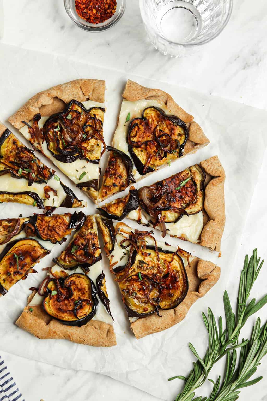 top view of pizza with roasted eggplant