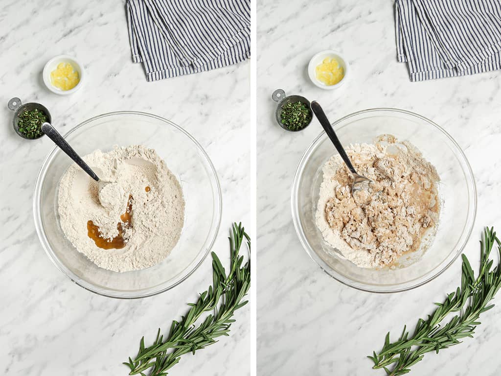 mixing yeast and water with flour