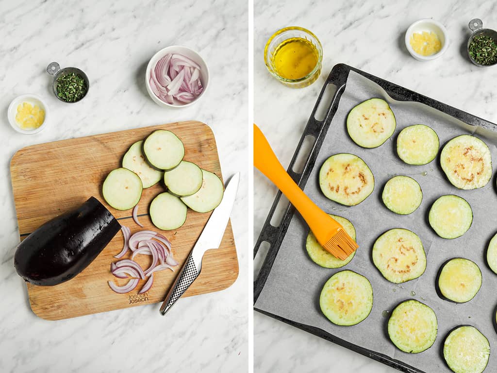 placing eggplant slices on baking sheet