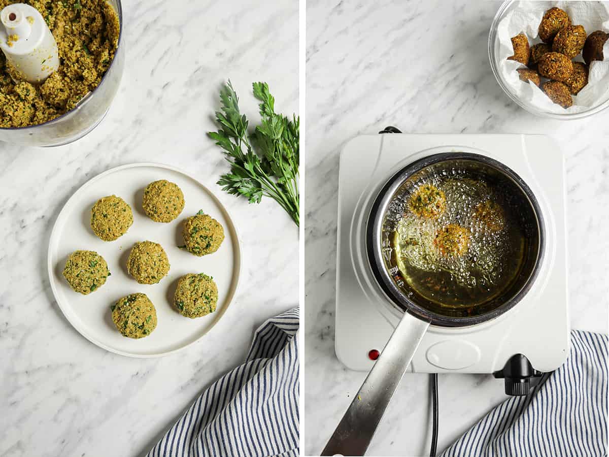 falafel balls on plate and in oil