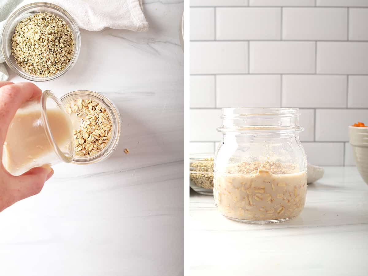 Milk and oats combined in a small mason jar.