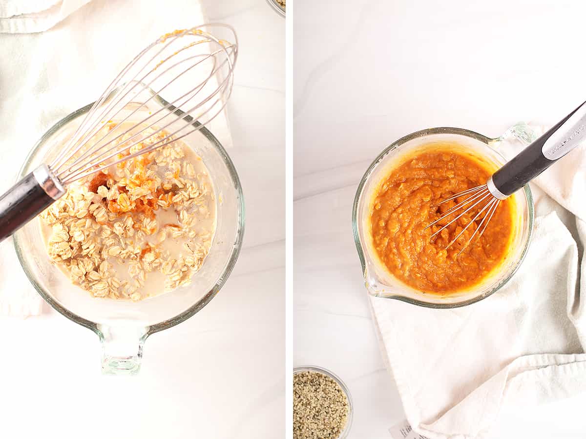 Wet ingredients for pumpkin muffins in a glass measuring cup. 