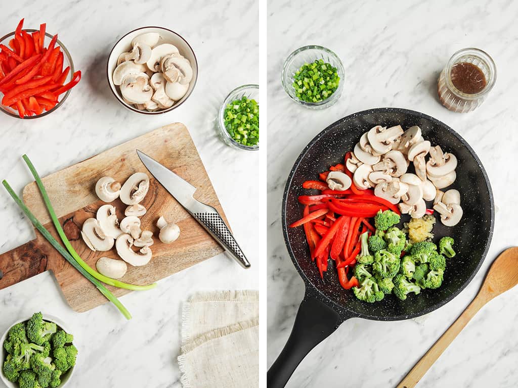 mushrooms on cutting board and place din pan with bell pepper and broccoli for vegan yaki udon