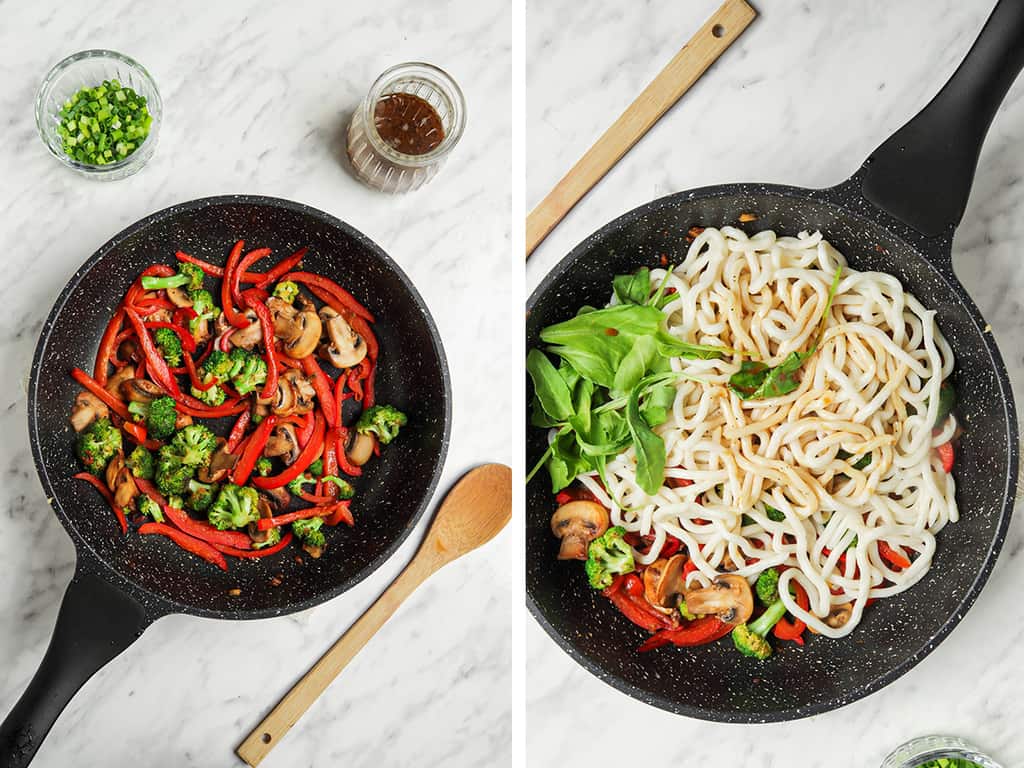 top view of chopped and sliced vegetables in a pan with noodles for vegan stir fry