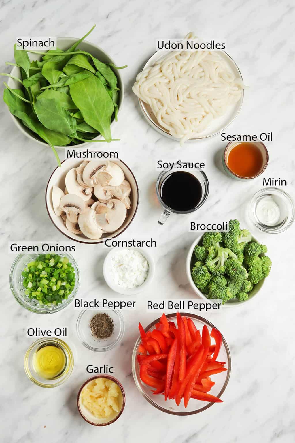 mushroom, green onions, broccoli, mirin, sesame oil, soy sauce, cornstarch, bell pepper, pepper, garlic, oil, spinach udon