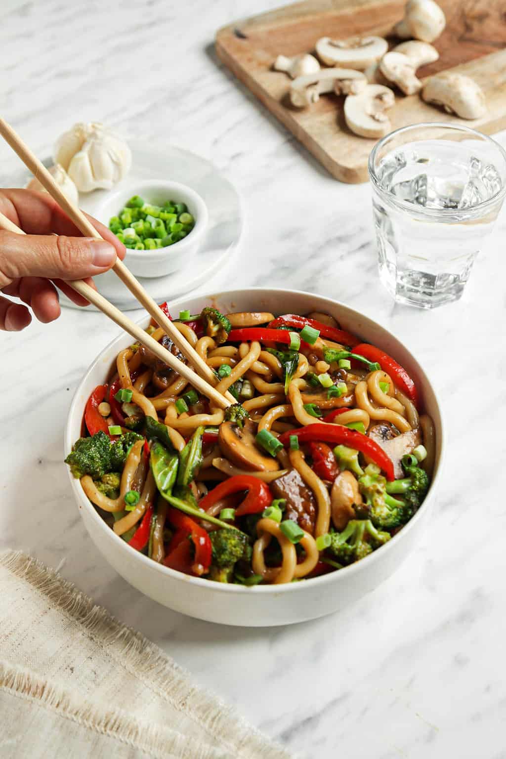 bowl of stir fry vegan noodles with udon 