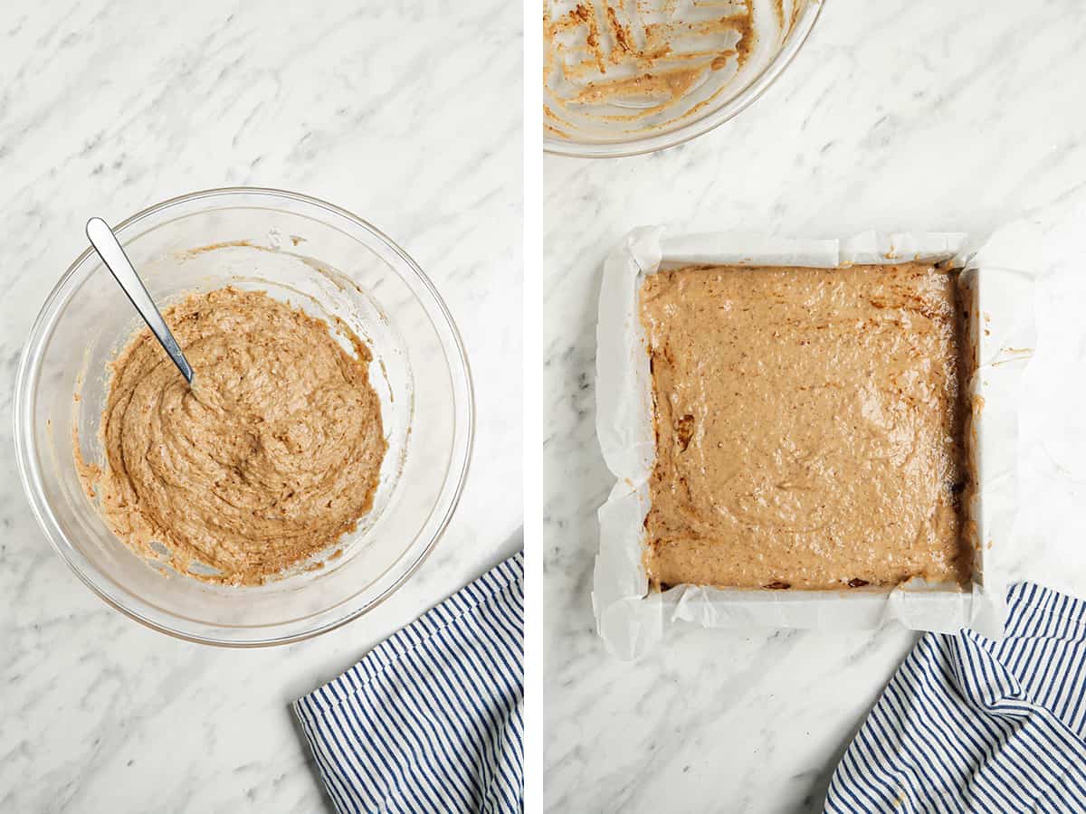 cake batter in pan with parchment paper