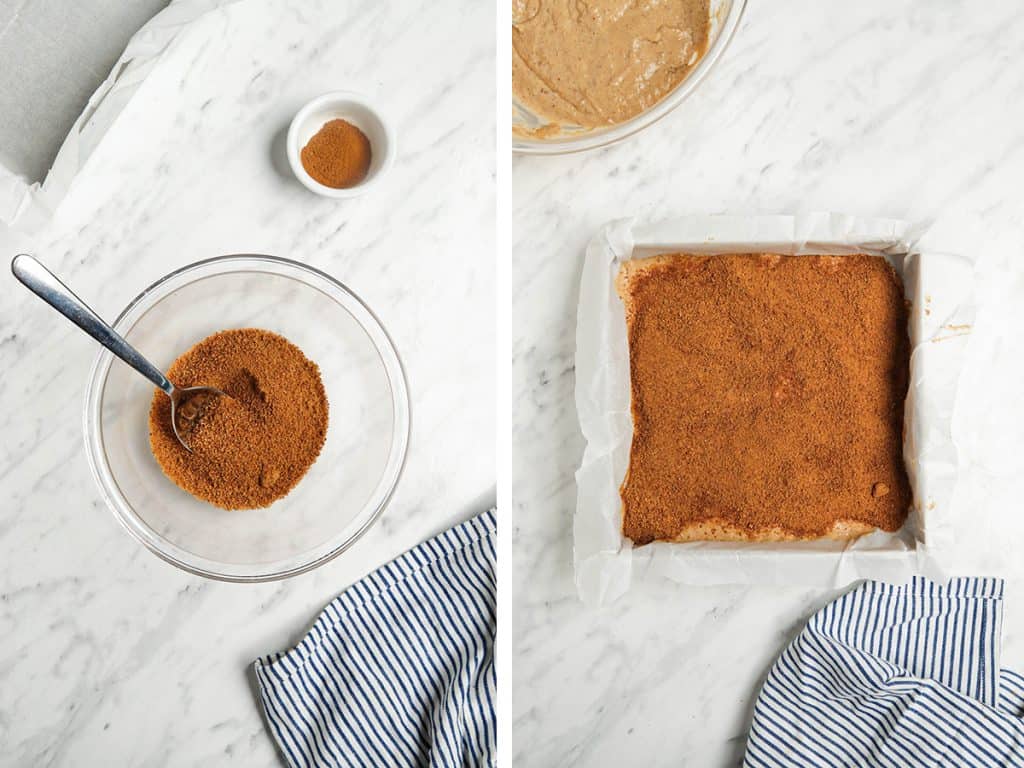 cinnamon filling on top of batter in cake pan