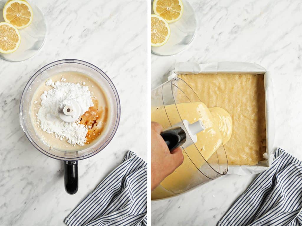 lemon curd being transferred to cooled crust