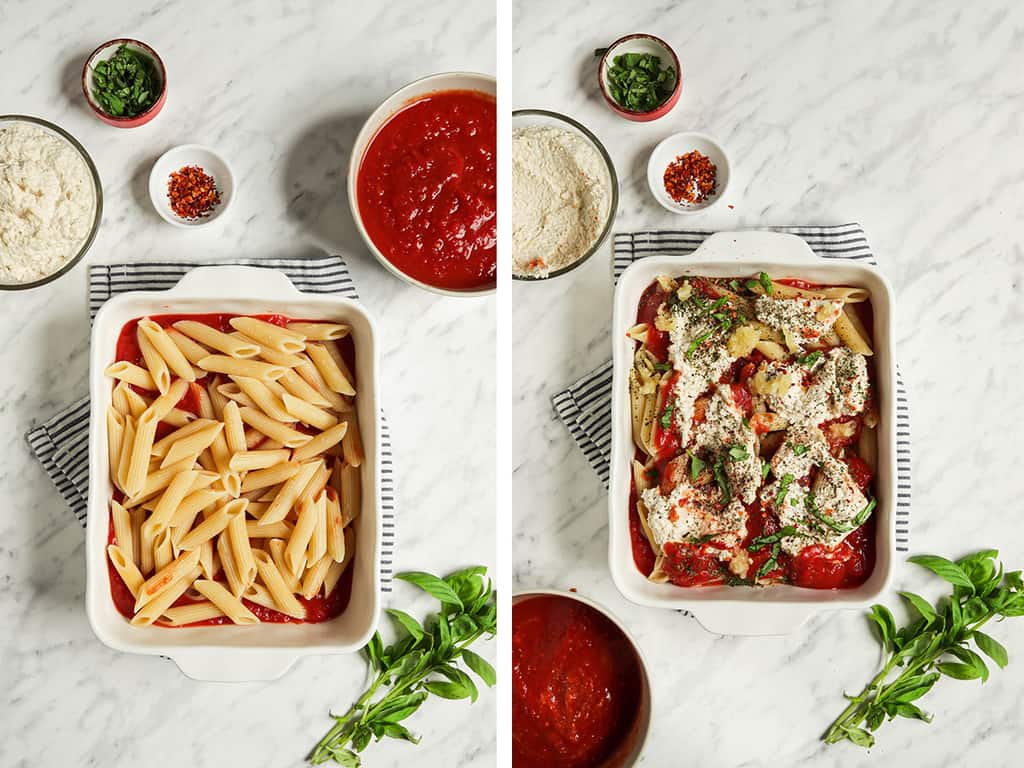 two images of baking dish filled with marinara sauce and penne pasta with ricotta cheese and herbs for baked ziti. One bowl of marinara sauce to the side with basil and red pepper flakes with ricotta
