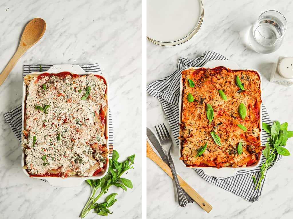 assembling the baked ziti with ricotta cheese, marinara sauce,  basil, Italian seasoning, salt, pepper, and garlic and then showing an image of the finished baked ziti