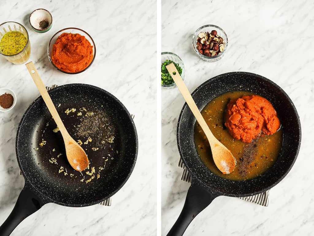 Two photos of top view of garlic cooking in skillet with veggie broth. Add the pumpkin puree to the black skillet and stir with a wooden spoon. 