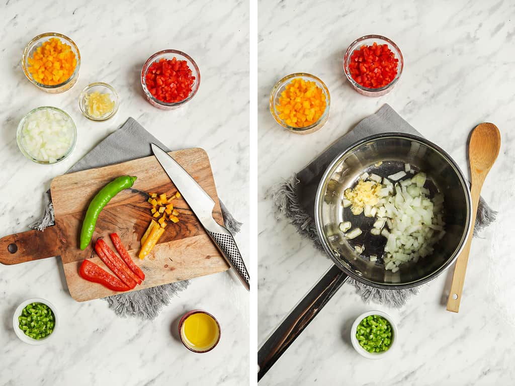 slicing and de-seeding peppers on wooden cutting board with knife and then cooking onion and garlic in sauce pan 