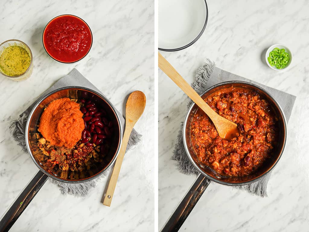 pumpkin puree and beans being added to tempeh, spices, peppers, onion, and garlic in sauce pan with tomatoes and wooden spoon 