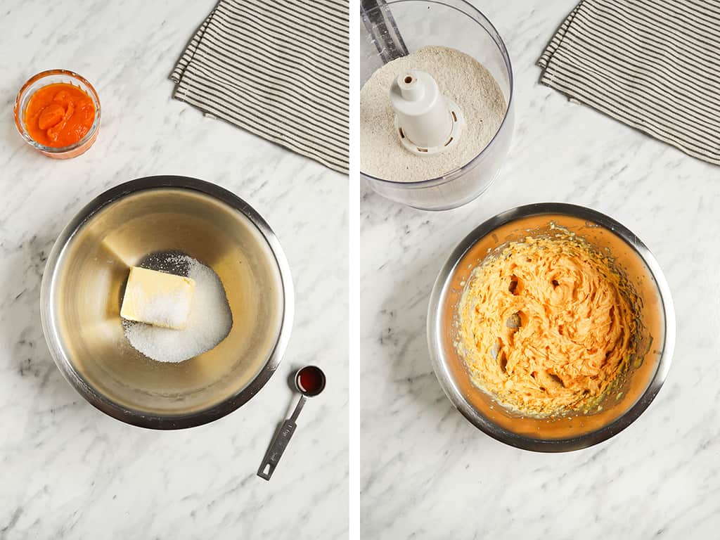 vegan butter and sugar in stainless steel bowl with vanilla. another shot of stainless steel bowl with pumpkin puree added to creamed butter and sugar