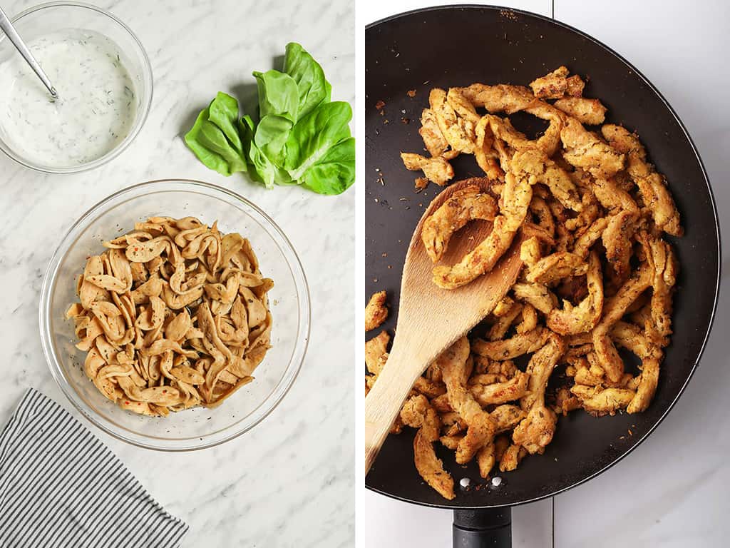 soy curls marinating in veggie broth with seasoning and cooking in skillet 