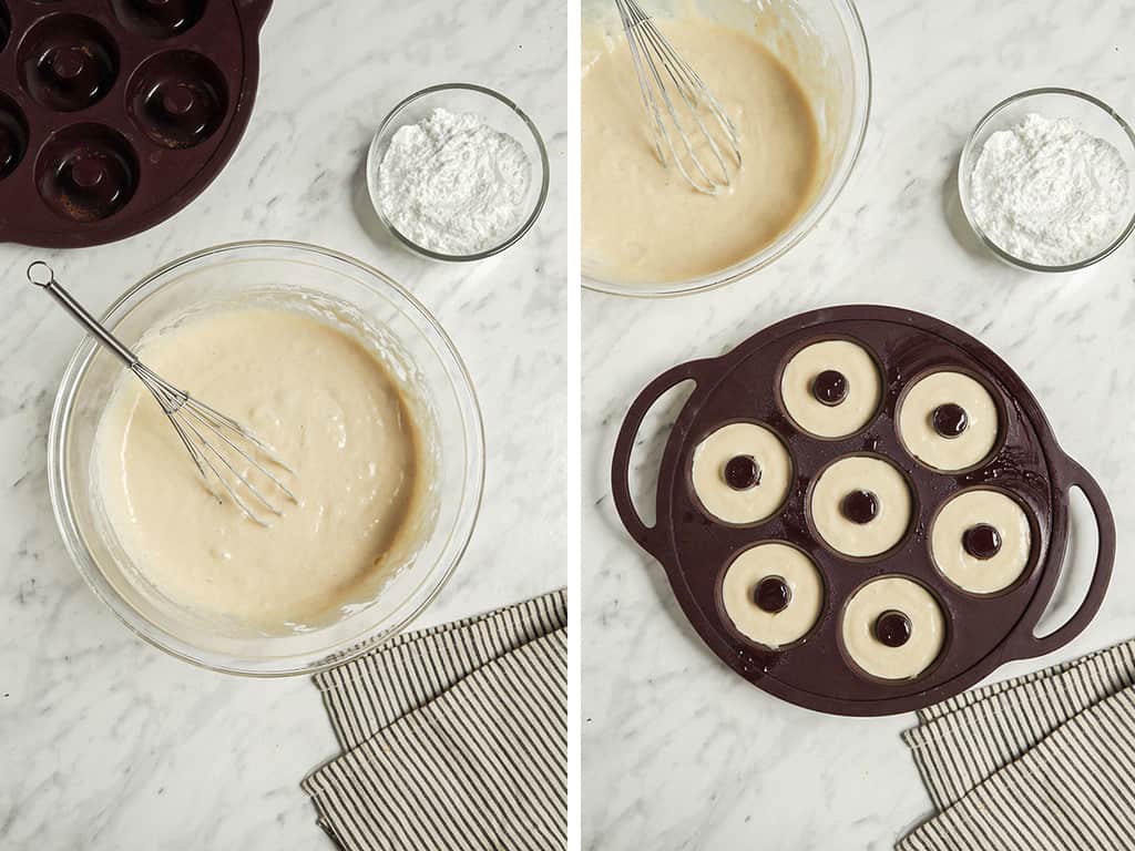 one bowl of vegan donut recipe batter and another bowl of flour. Another photo of a donut baking pan filled with doughnut batter.