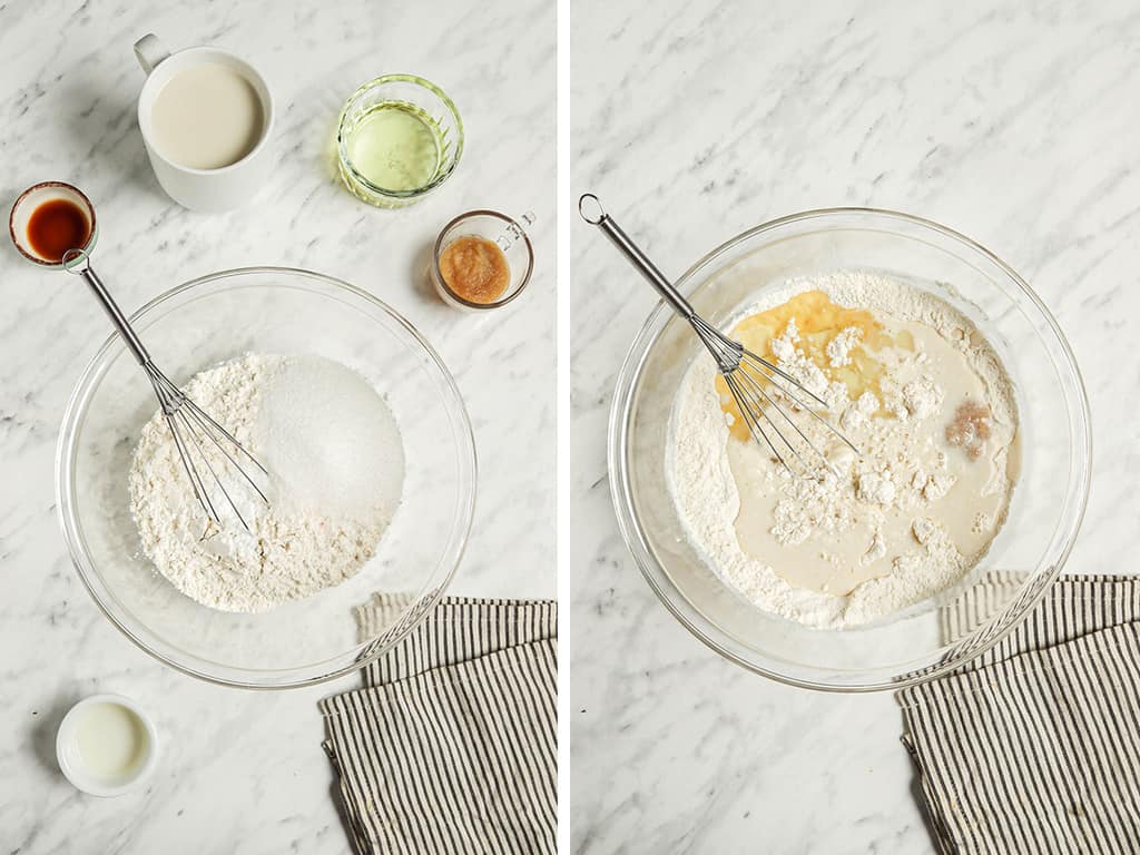 steps of whisking flour, sugar, and baking soda in bowl and then adding milk, vanilla, oil, and applesauce.