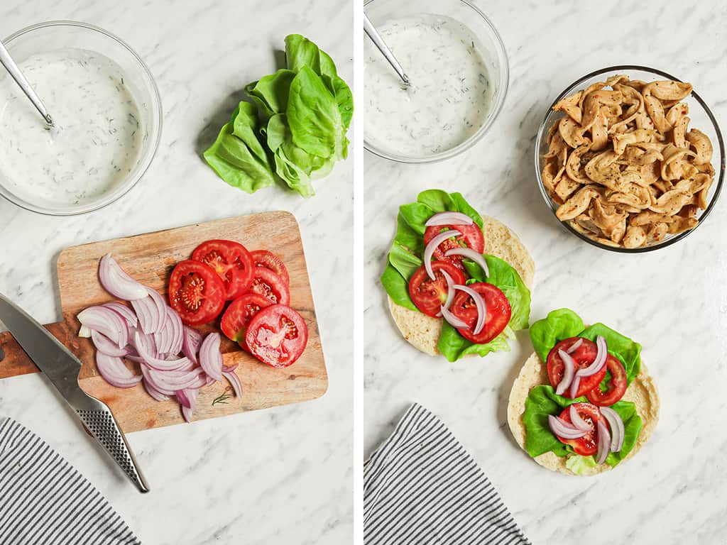 top view of sliced onions and tomato on wooden cutting board then a photo of pita bread topped with lettuce, tomato, and onion with a bowl of marinated soy curls