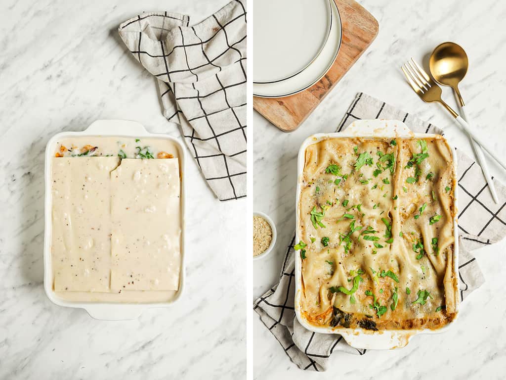 butternut squash lasagna with béchamel sauce and lasagna noodles. one image of baked lasagna with fresh herbs