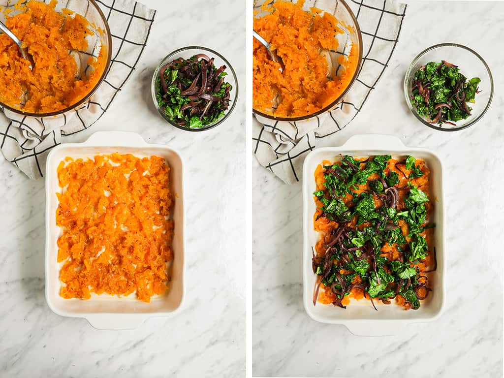 butternut squash lasagna with béchamel sauce and kale in baking dish