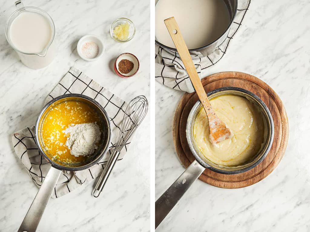 melted vegan butter and flour in sauce pan with wooden spoon