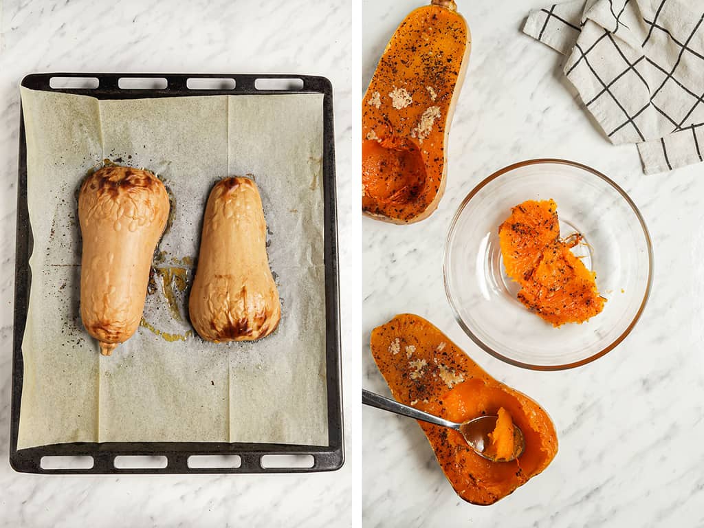 roasted butternut squash scooped into bowl