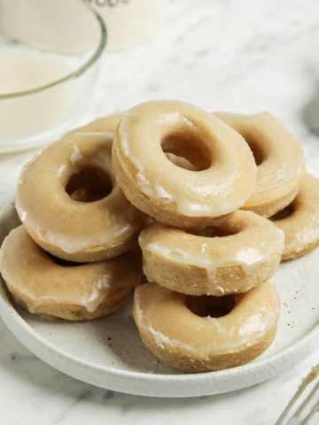 vegan glazed donuts recipe on white plate with font for Pinterest