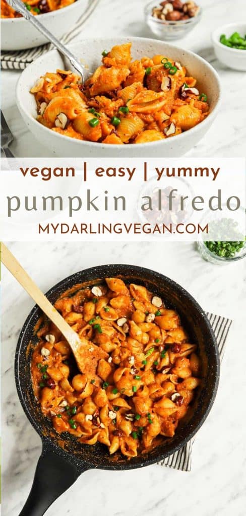 two photos of pumpkin alfredo in skillet and in bowl with utensils and hazelnuts and green onions