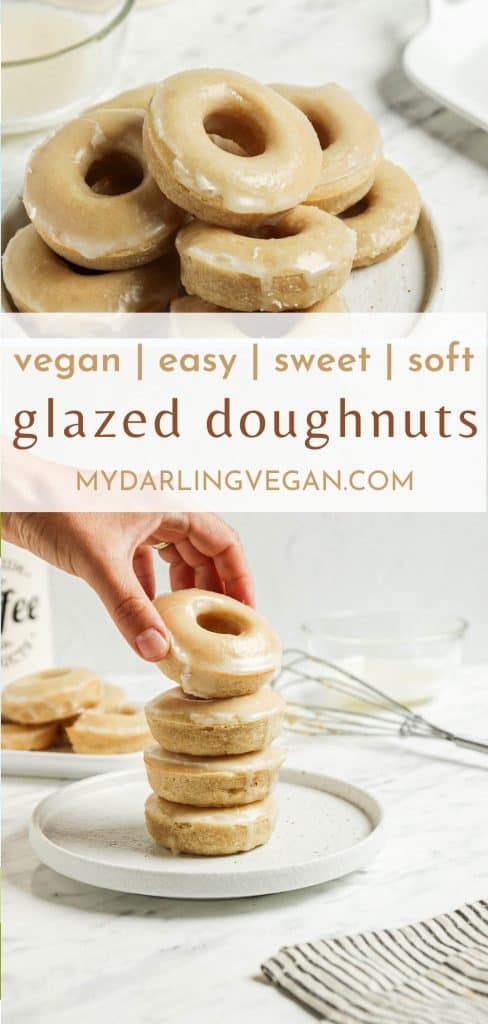 two photos of vegan glazed donuts with vanilla for Pinterest image