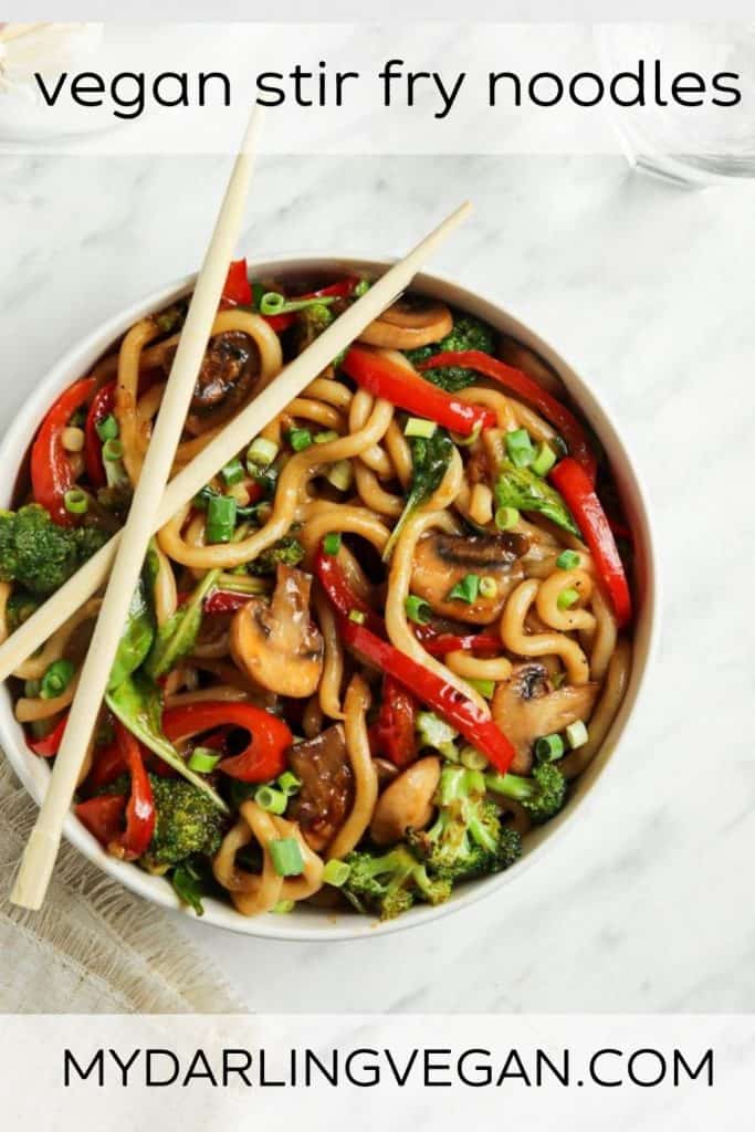 top view of yaki udon with vegetables