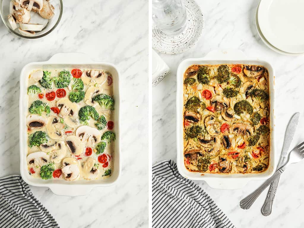 pouring chickpea mixture over broccoli, mushrooms, and tomatoes in white baking dish and then baking the casserole until golden brown