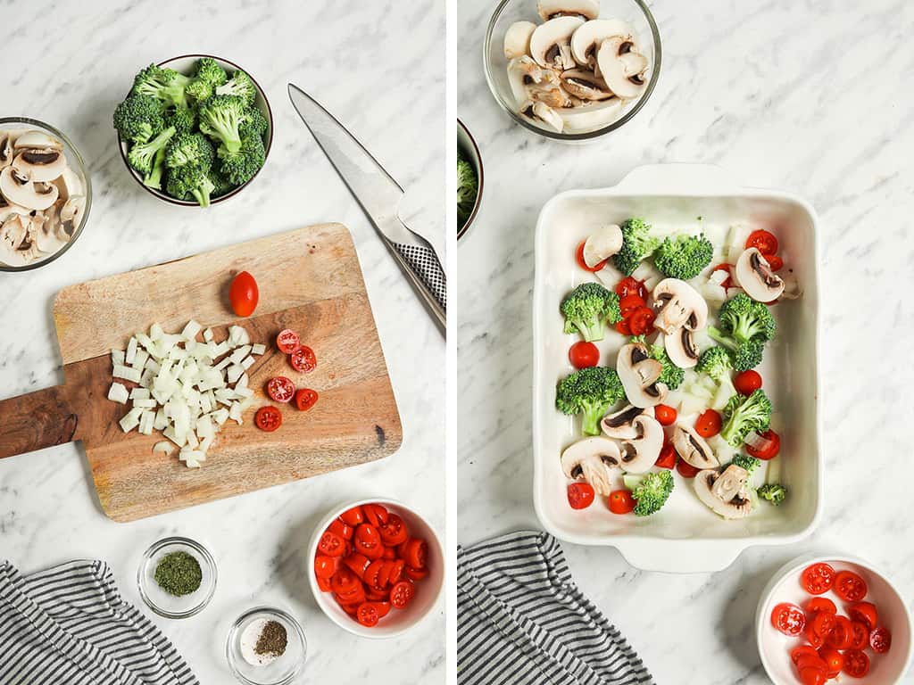 chopping onions and tomatoes on chopping board and transferring to white baking dish with broccoli 