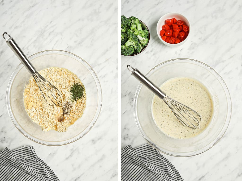 mixing chickpea mixture in bowl with whisk, Italian seasoning, salt, and pepper