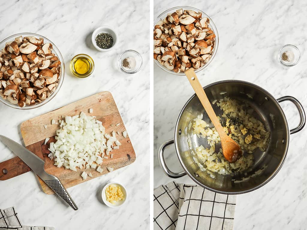 chopping onions, garlic, and mushrooms on cutting board with knife and adding to Dutch oven with oil to be cooked. 