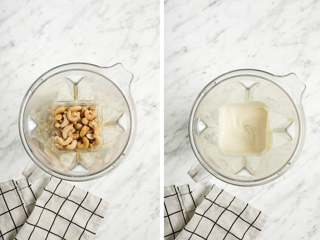 preparing cashew cream by pouring soaked cashews in blender with warm water and lemon juice and blending until smooth and creamy 