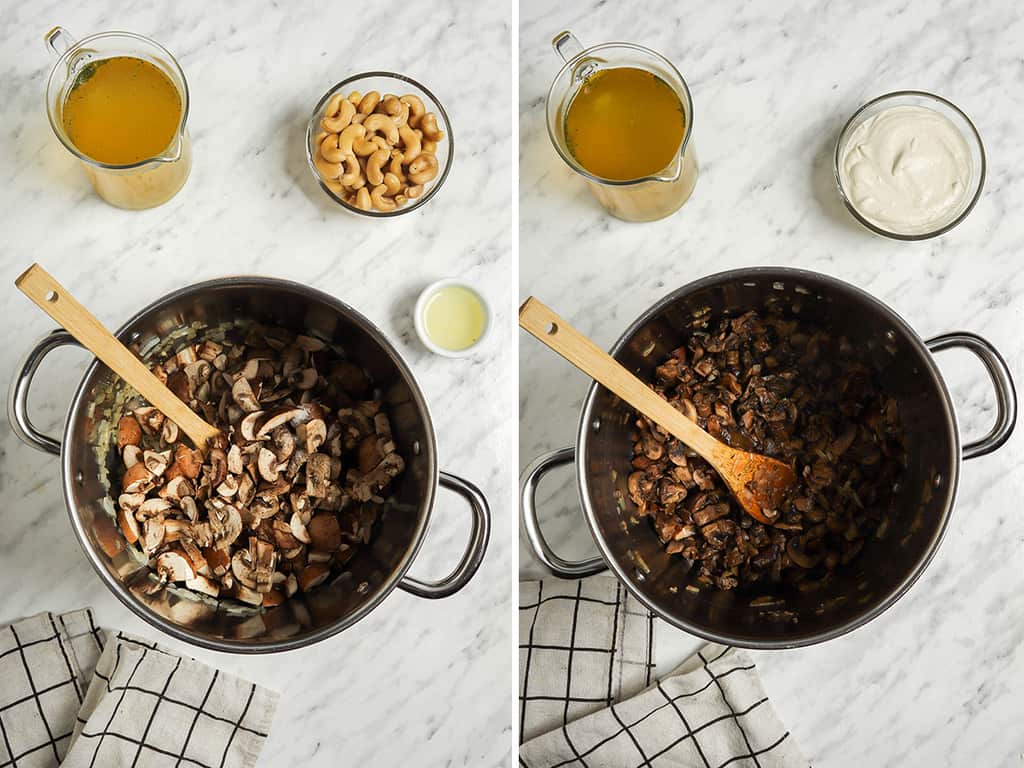 sautéeing mushrooms in pot with onions, oil, garlic, salt, and pepper and stirring with a wooden spoon 