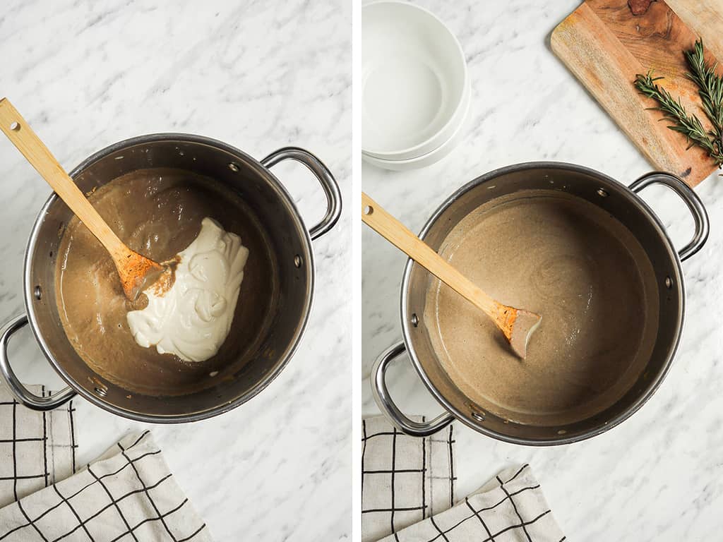 pouring cashew cream into pot of warm mushroom soup and stirring until creamy and smooth