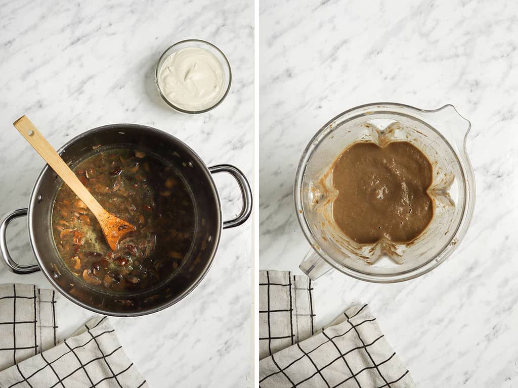 cooking mushrooms with broth, herbs, garlic, and onion in a Dutch oven then transferring to a blender to be puréed until smooth