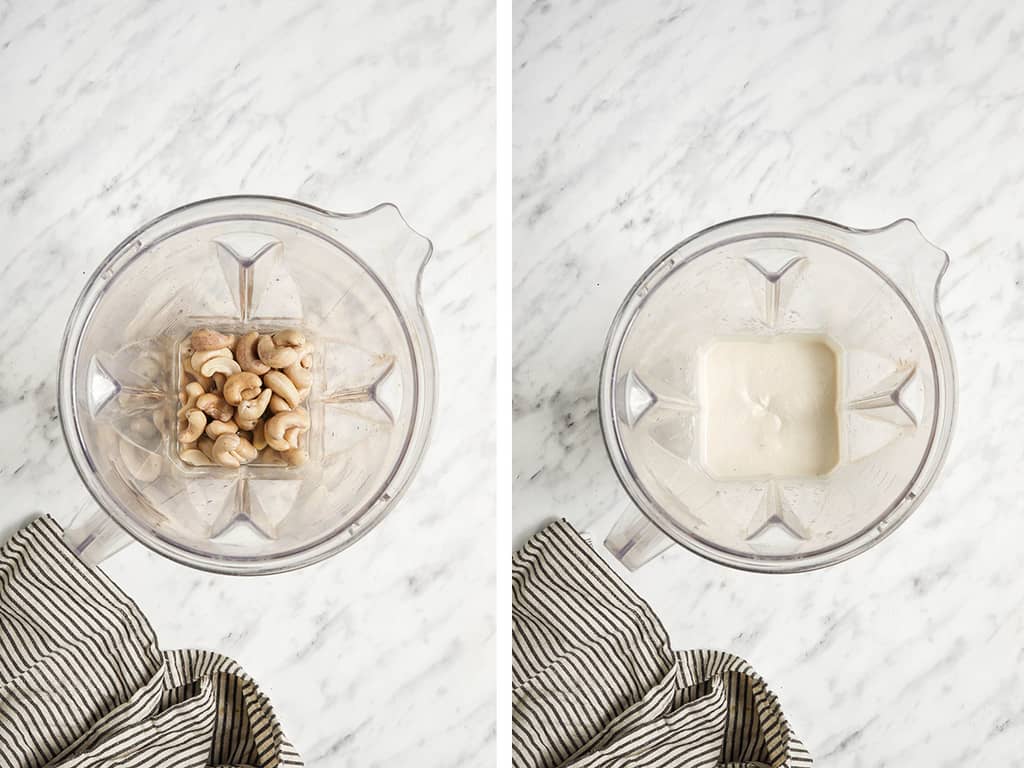 cashews in a blender being blended with water to create creme