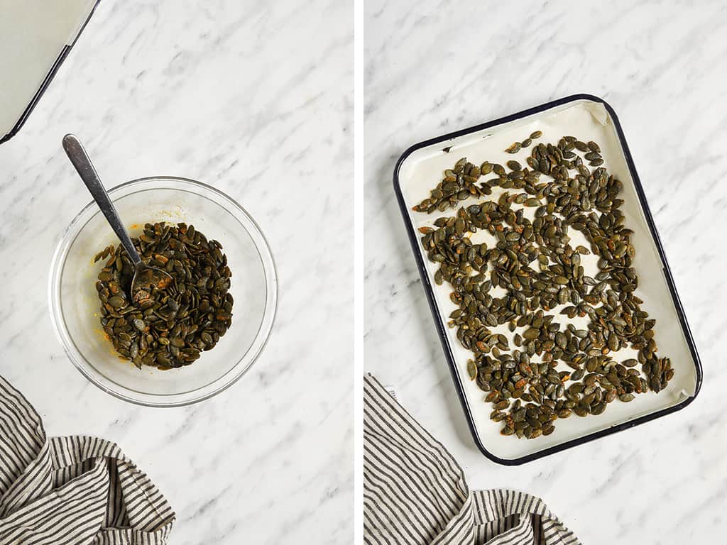 mixing pumpkin seeds in bowl with oil and spices and spreading onto baking sheet in even layer to roast in oven