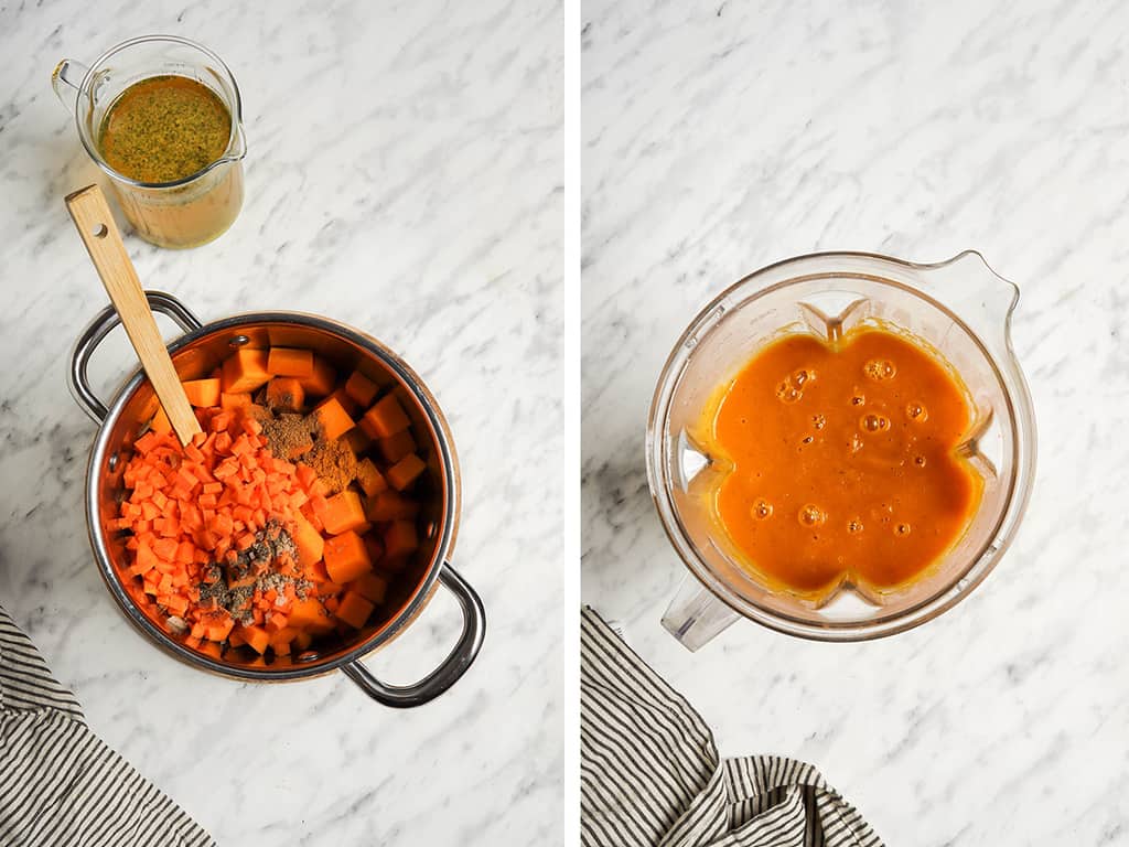 cooked fresh pumpkin and carrots and spices in saucepan with wooden spoon then transferred to a blender to be puréed.