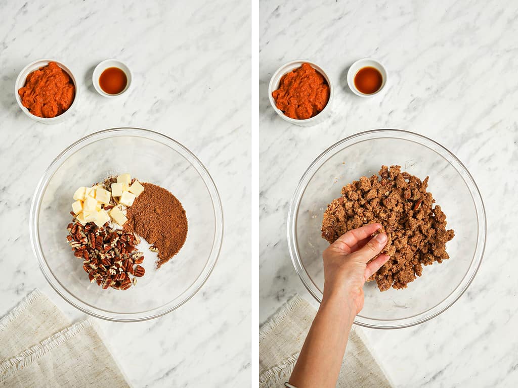 Ingredients for pecan streusel in a glass bowl and mixed together. 