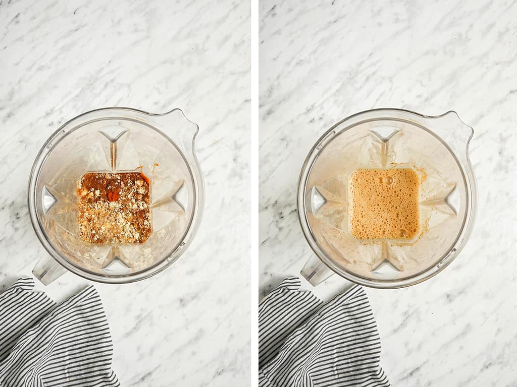 Side by side photos of custard blended up in a Vita-Mix blender