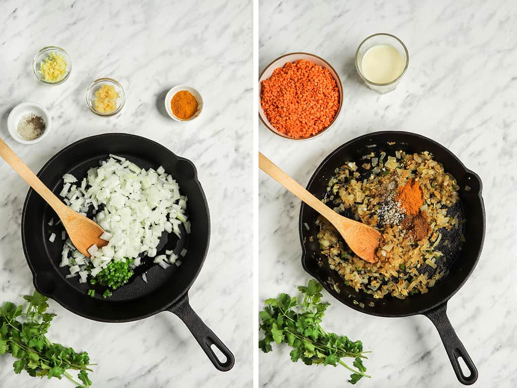 Onions and spices sauteéd together in a large cast iron skillet