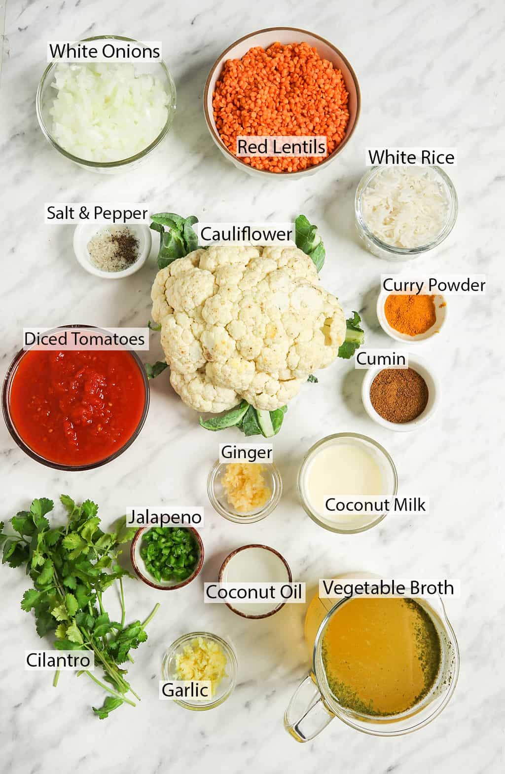 Ingredients for vegan curry measured out and placed on a marble background. 
