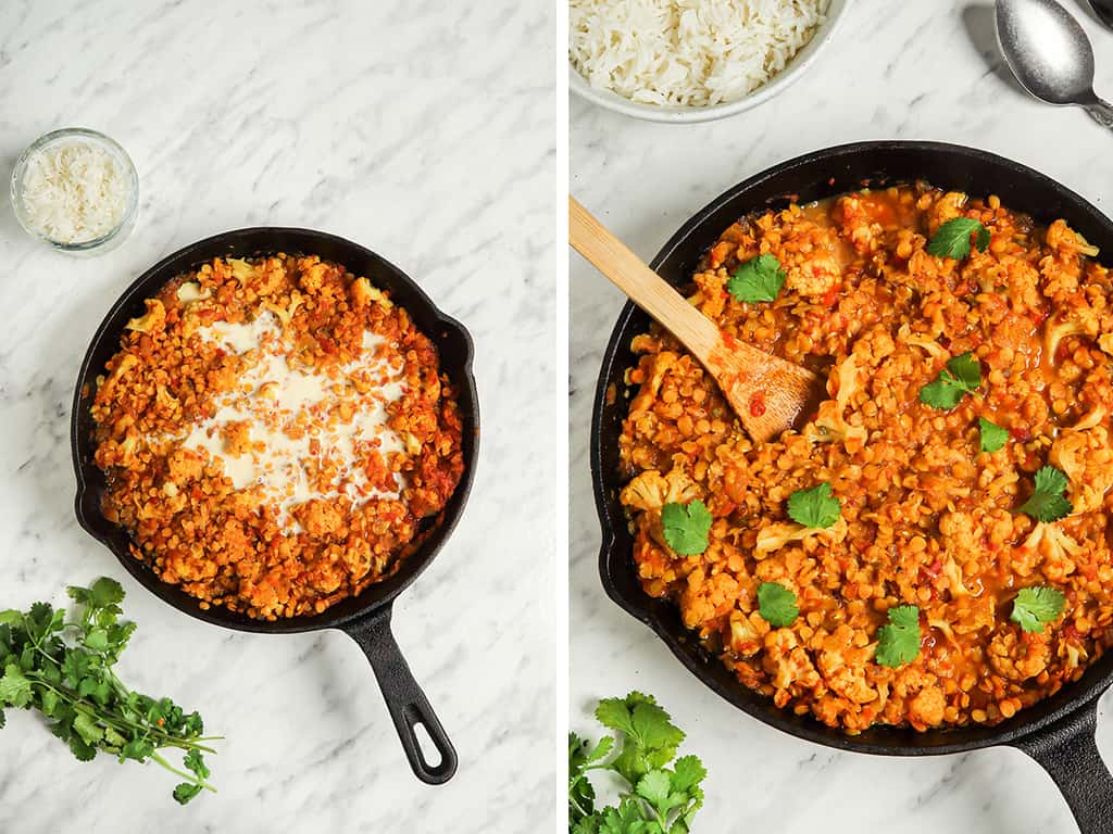 Finished cauliflower curry cooked in a large cast iron skillet on a marble countertop 